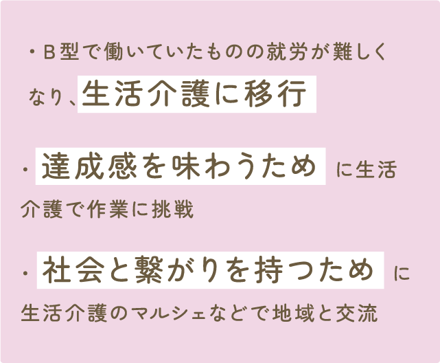 Ｂ型で働いていたものの就労が難しくなり、生活介護に移行 / 達成感を味わうために生活介護で作業に挑戦 / 社会と繋がりを持つために生活介護のマルシェなどで地域と交流